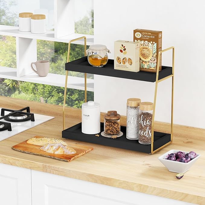 Forbena Black and Gold Bathroom Organizer Countertop, 2 Tier Counter Organizer for Bathroom Decor, Modern Sink Organizer Shelf for Vanity Storage, Organizer Tray for Makeup Bedroom