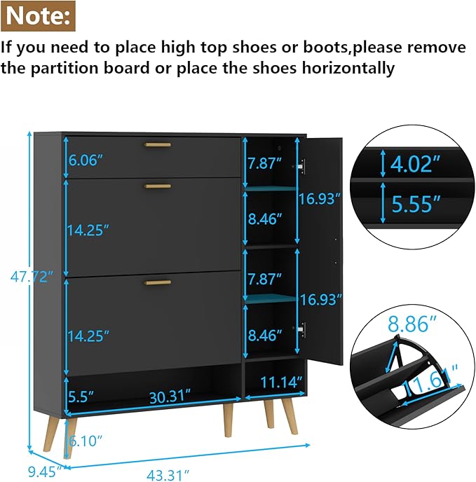 Shoe Storage Cabinets, 16 Pairs Free Standing Shoe Organizer with 2 Flip Drawers for Entryway, Narrow 3 Tier Entryway Hidden Shoe Rack with Doors (Upgraded Black)-NeatNest