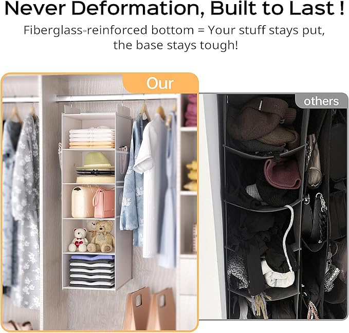 Extra Deep Hanging Closet Organizer with Shelves and Oversized Mesh Pockets, Heavy-Duty Structure, No Deformation, Max Storage for Clothes, Shoes, Hats, Dorms and RVs,1-Pack (White, 5 Tier)-NeatNest
