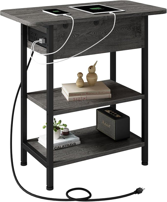 LIDYUK End Table with Charging Station, Flip Top Side Table with USB Ports and Outlets, Nightstand for Small Spaces, Bedside Tables with Storage Shelf for Living Room, Bedroom, Dark Grey