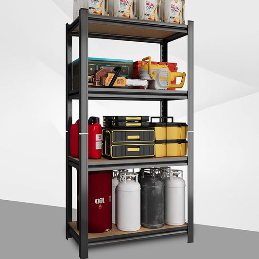 4 Tier Garage Shelving Wood Storage Shelves 4000 lb Load Capacity Adjustabl Shelf Units 45.6" H*23.6" W*11.8" D Metal Shelving Suitable for Basement Warehouse Pantry,Black