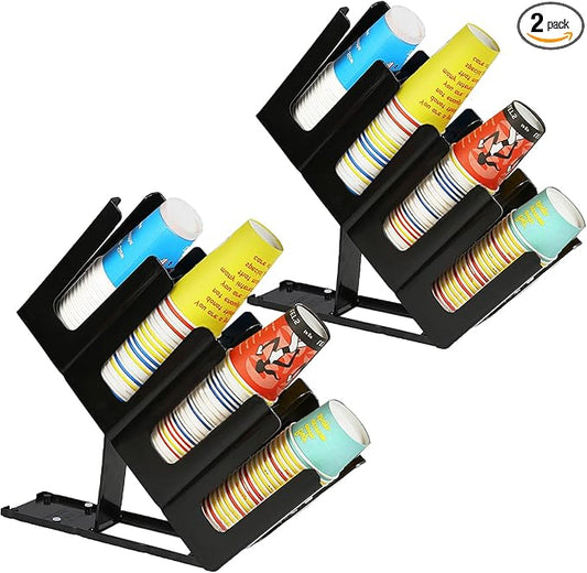 2 Pack Disposable Paper Cup Dispenser - Adjustable Coffee Cup and Lid Holder, 4 Compartment Storage Organizer for Countertop Bar Restaurant Breakroom, Black-NeatNest