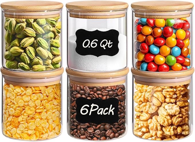 ComSaf Airtight Glass Food Storage Jars Set of 6, 0.6 Qt Clear Glass Food Storage Container with Sealing Wooden Lid, Stackable Spice Jar, Round Kitchen Canister for Sugar, Tea, Coffee bean, Pasta, Oat-NeatNest