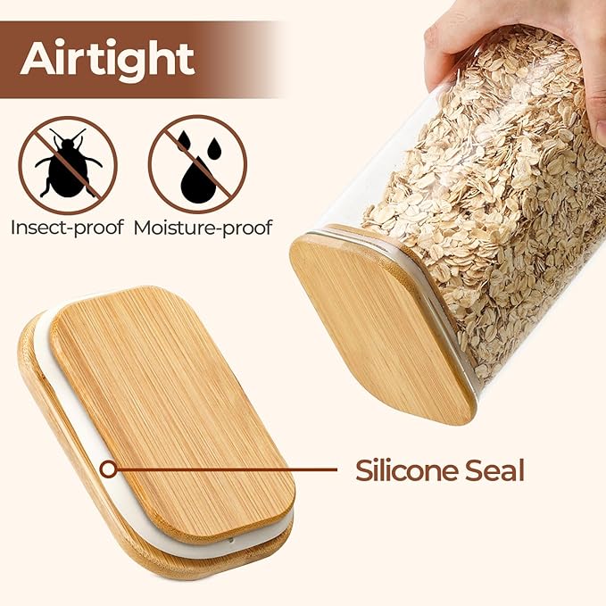 ComSaf 0.7 Qt Rectangle Glass Storage Containers with Lids, Glass Jars with Bamboo Lids, Clear Food Jar, Sugar Coffee Containers, Small Pantry Storage Container for Tea Candy Nuts Spices Oat-NeatNest