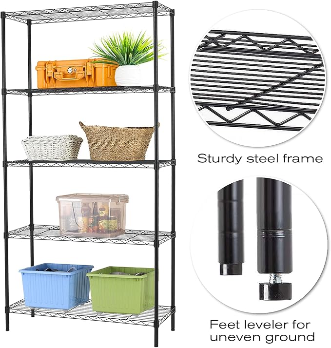 5-Tier Wire Shelving Unit Storage Shelves Metal Shelves Heavy Duty Metal Storage Rack NSF Height Adjustable for Home Kitchen Bathroom Garage Pantry Organization(Black)