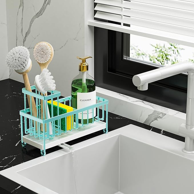 Cisily Turquoise Sponge Holder for Kitchen Sink, Sink Caddy Organizer with High Brush Holder, Kitchen Countertop Organizers and Storage Essentials, Rustproof 304 Stainless Steel, Soap Dispenser-NeatNest