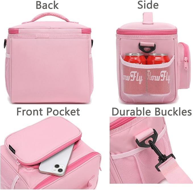 FlowFly Insulated Reusable Lunch Bag Adult Large Lunch Box for Women and Men with Adjustable Shoulder Strap,Front Zipper Pocket and Dual Large Mesh Side Pockets,Pink-NeatNest