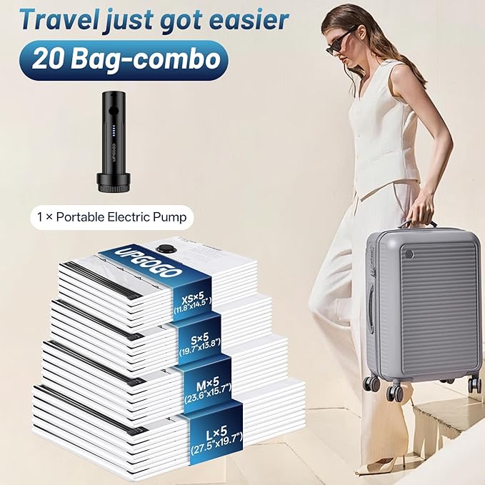 Combo 20 Pack Travel Vacuum Bags for Luggage with Portable Electric Pump,Vacuum Seal Bags for Clothing,Packing Cubes Compression,Cruise Ship and Travel Essentials-NeatNest