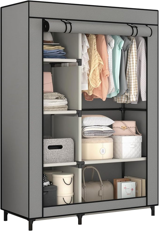 Calmootey Portable Closet Organizers, Clothing Storage, Wardrobe with 6 Shelves and Hanging Rod, Non-Woven Fabric Cover with 4 Side Pockets, Grey-NeatNest