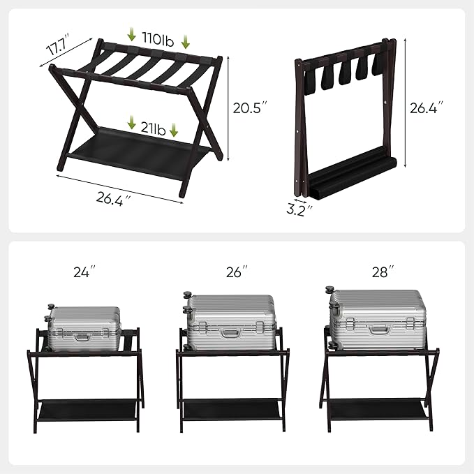 2 Pack Luggage Rack, Folding Luggage Rack for Guest Room, Brown Bamboo Suitcase Stand Holds up to 131 lb, Luggage Stand with Storage Shelf for Hotel, Bedroom