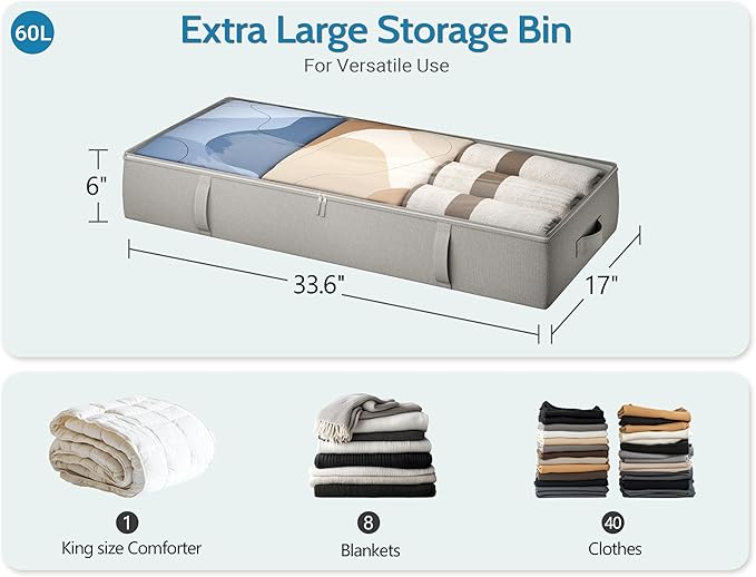 2-Pack Under Bed Storage Containers, 6 Inches Tall Underbed Clothes Storage Organizer Bin with Sturdy Sidewalls/Bottom, Underbed Storage Bins 2 Storage Thin Bins-NeatNest