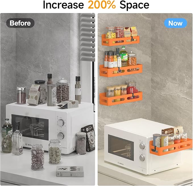 4 Pack Magnetic Spice Rack for Refrigerator, Spice Rack Organizer, Moveable Magnetic Shelf Fridge Organizer with 4 Hooks for Kitchen and Oven Organization, Orange