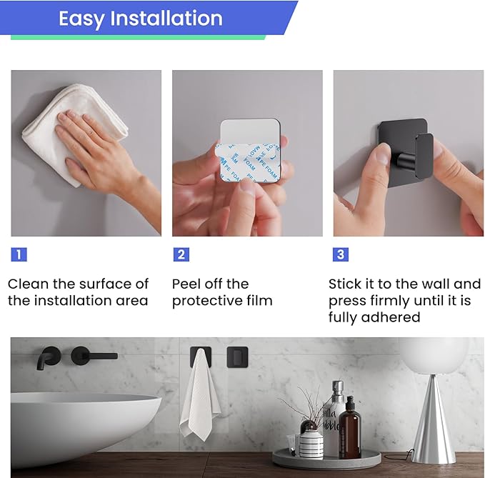 Black Hooks for Hanging Heavy Duty, Adhesive Hooks for Shower, Bathroom, Kitchen, Robe, Towel, Coat, Waterproof & Rustproof Hook for Walls No Damage, Stainless Steel Sticky Hook - 4 Pack-NeatNest