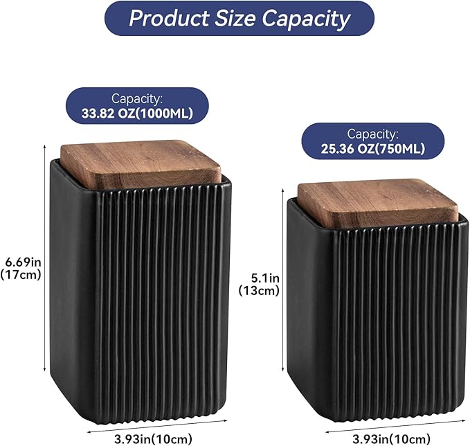 Ceramic Storage Jars Modern Elegant Polished Airtight Gorgeous Storage Canisters with Wooden Lid Small Food Stroage Jar for Kitchen Spice Tea Vanilla Sugar Coffee Beans (Black,Small size,13cm*10cm)-NeatNest