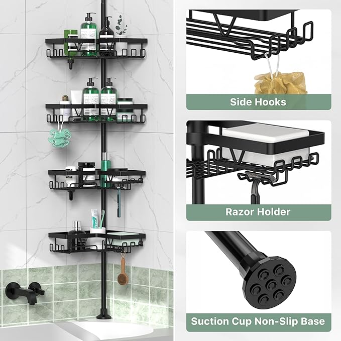Tension Pole Shower Caddy Corner - 4 Tier Floor to Ceiling Bathroom Shower Organizer 25-112.4 inch Adjustable, Multiple Hooks, 2 Extra Soap Holders, Stable Base, Rustproof, Black