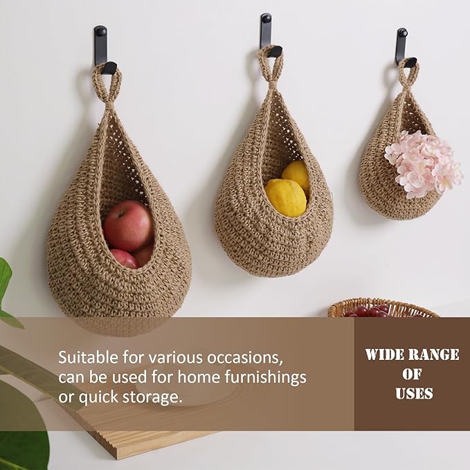 Hanging Fruit Basket Set of 3, Boho Wall Hanging Storage Jute Basket for Organizing & Decor, Handmade Teardrop Hammock Holder for Onion Fruit Vegetable in Home & Restaurant Kitchen with Hooks
