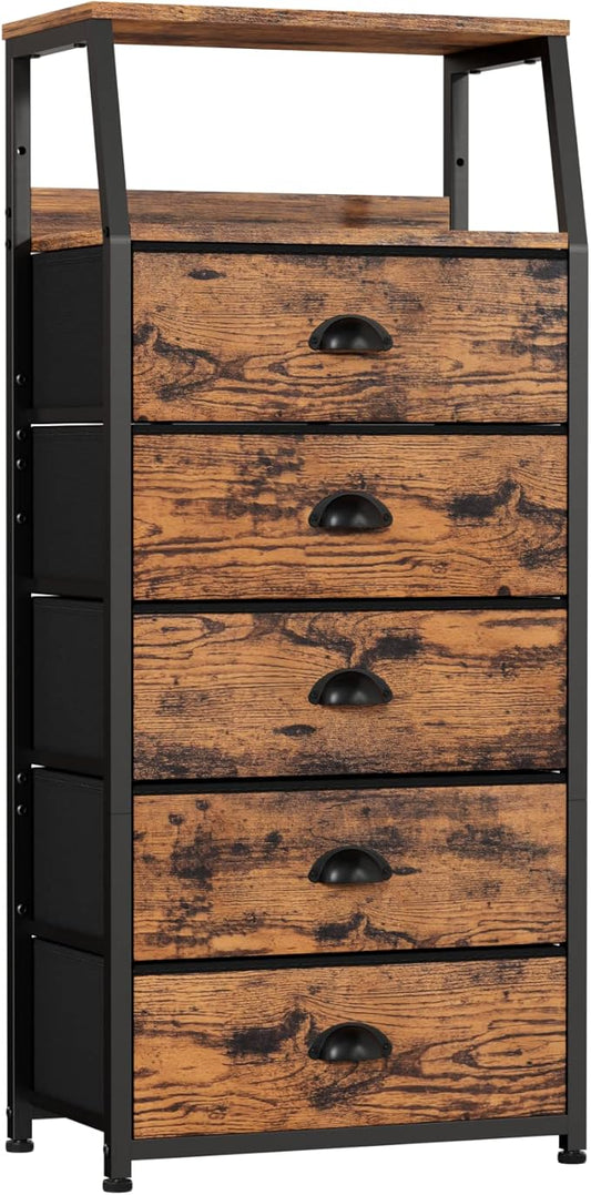 Furnulem Tall 5 Drawers Dresser, Vertical Storage Tower Fabric Dresser for Bedroom, Hallway, Entryway, Nursery, Closet Organizer, Nightstand Bedside Table Furniture, Sturdy Steel Frame, Wood Top-NeatNest