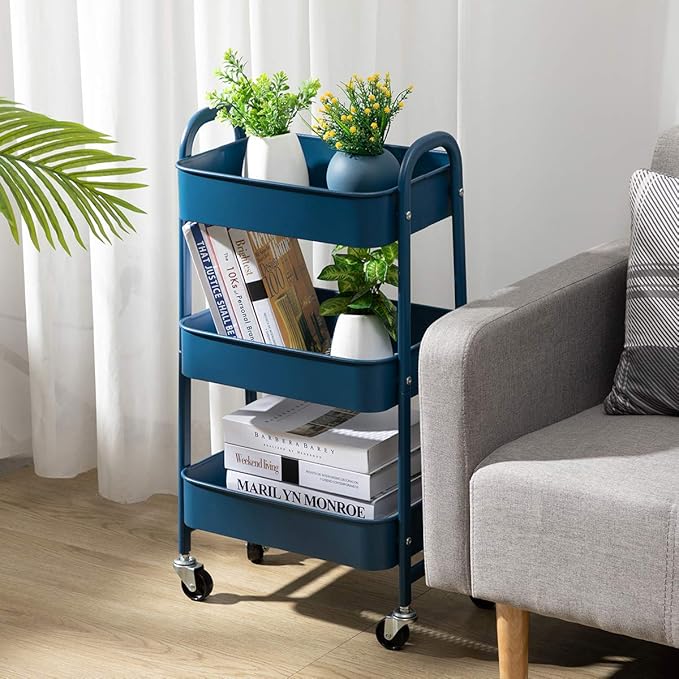 AGTEK Makeup Cart, Movable Rolling Organizer Cart, 3 Tier Metal Utility Cart,Navy Blue-NeatNest