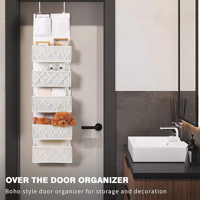 ANTIS'S HOME Over the Door Organizer Macrame Boho Nursery Storage with 5 Large Woven Pockets, Hanging Closet Basket for Bathroom or Nursery, Behind the Door Storage Organizer-NeatNest