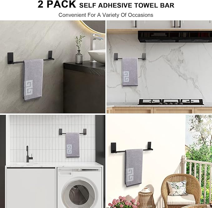 NearMoon Self Adhesive Bathroom Towel Bar- Stainless Steel Bath Wall Shelf Rack Hanging Towel Stick On Sticky Hanger Contemporary Style, NO Drilling (2 Pack, Matte Black, 12-Inch Towel Rack)