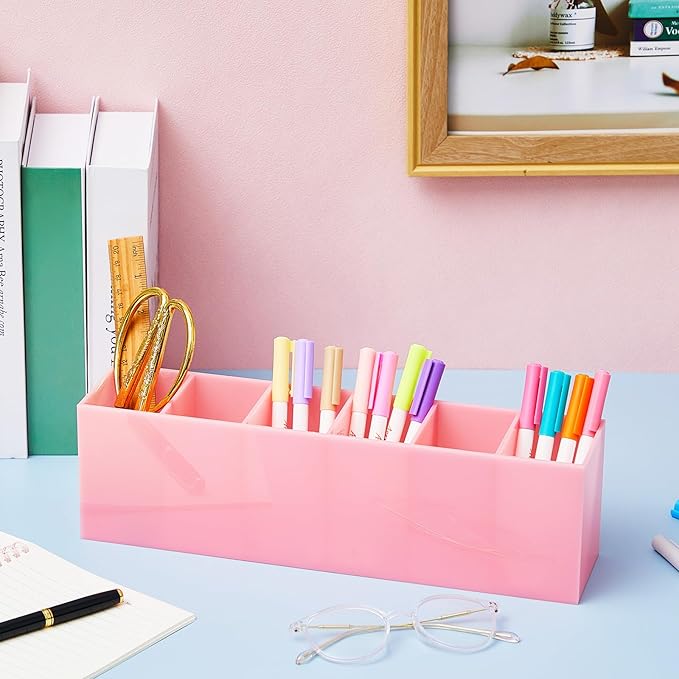 Jetec Acrylic Pen Holder 6 Compartments Makeup Brush Stationery Organizer Pencil Holder for Desk Accessories, Cosmetic Brushes, Dorm, Home, Bathroom, Kitchen, Office Supplies(Pink)-NeatNest