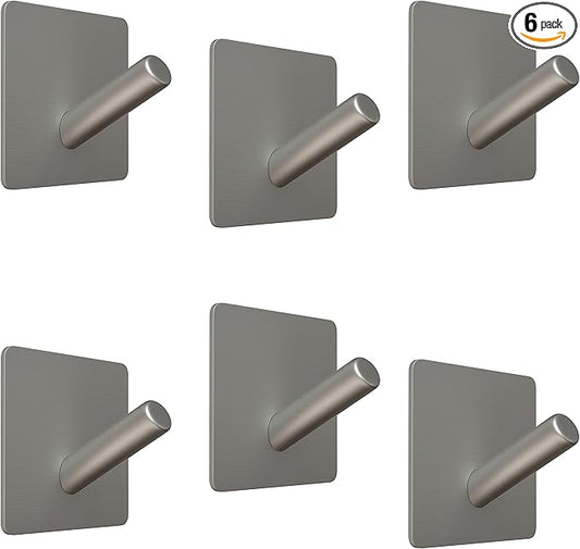 Brushed Nickel Self Adhesive Towel Hooks for Bathroom Wall Door Mounted - SUS304 Stainless Steel Strong Strips Stick on 3M Wall Hooks for Hanging Coat, Hat, Bag, Key, Jacket – 6 Pack-NeatNest
