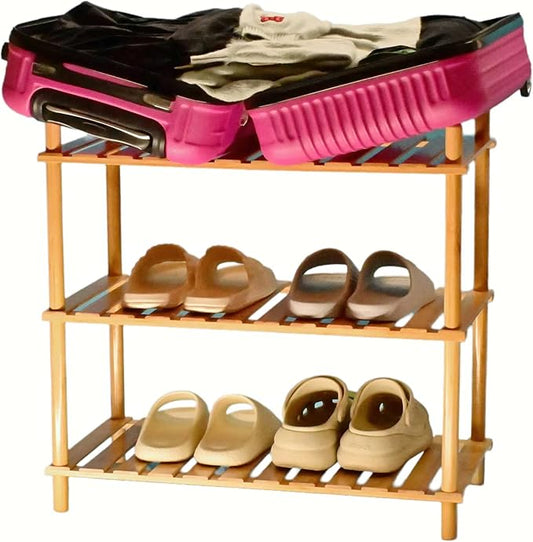 GOGOGO Bamboo Entryway Shoe Rack & Luggage Stand - 150lb Heavy Duty, 12.8” Extra-Deep Shelves, No-Tool Assembly, Modular 3-Tier Shoe Organizer(Natural, 9.0" H(3 Tier))-NeatNest