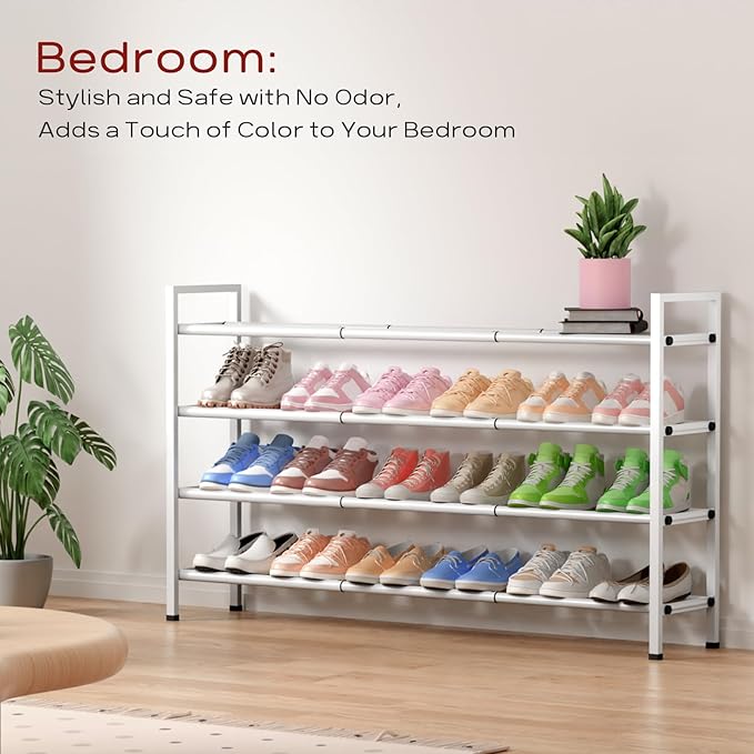 Bumusty 4-Tier Long Expandable Shoe Rack for Closet, 18"-44" Adjustable Shoe Rack for Entryway, 20-24 Pairs Large Shoe Organizer Shelf Storage, Sturdy Metal, White-NeatNest