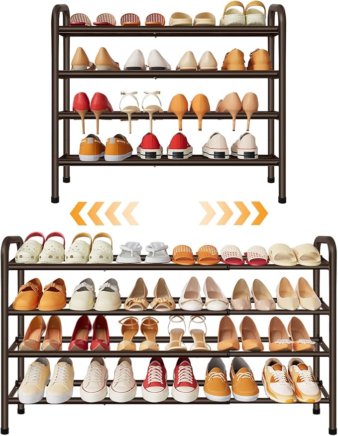 4 Tier Shoe Rack for Closet,Shoe Organizer, 28“ Metal Shelf Can Expandable to 42“, for Bedroom, Entryway, Living Room, Garage, Adjustable to 24 Pairs Shoes, Rustic Brown-NeatNest