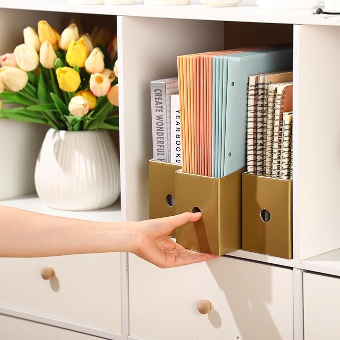 Pasimy 8 Pack Magazine File Holders Cardboard Foldable Magazine Storage Organizer Vintage Gold Kraft File Document Book Storage Boxes for Family School Office Desk Supplies Table Mail Organizer Holder
