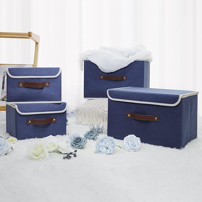 ANMINY 2PCS Storage Bins with Lid PU Leather Handles Storage Boxes PP Plastic Board Decorative Foldable Lidded Cotton Linen Fabric Home Cubes Baskets Closet Organizer Containers - Blue, Small Size-NeatNest