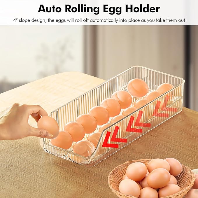 16 Egg Holder for Fridge, Rolling Egg Container, Stackable Egg Tray Holds 16 Eggs - Clear