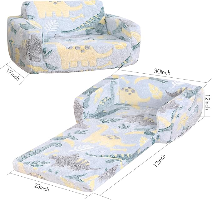 Foldable Kids Sofa Extra Wide for 2 Seats,Soft Kids Fold Out Couch Glow in The Dark,Convertible Sofa to Lounger Toddler Sofa Chair(Dinosaur)-NeatNest