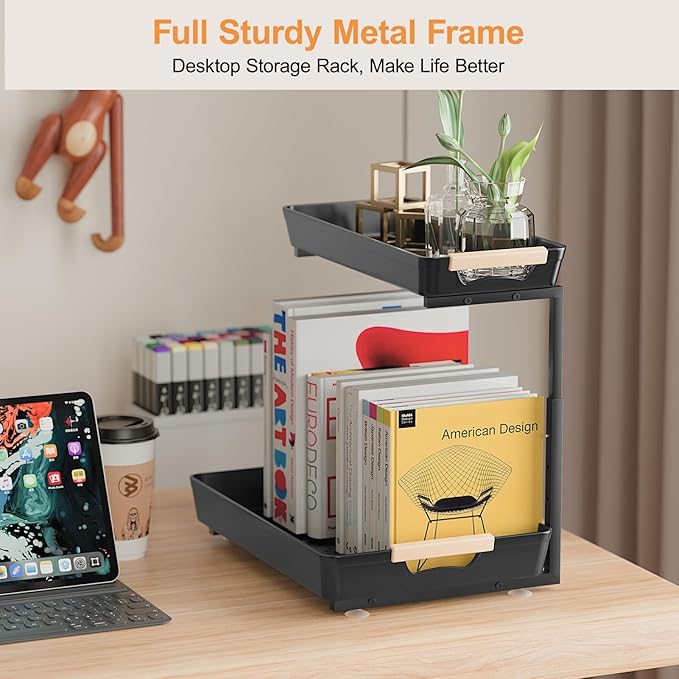 2 Pack Under Sink Organizer Pull 0ut, 3 Height Adjustable Under Kitchen Sink 0rganizer and Storage Black, 2 Tier Double Sliding Drawer Cabinet Organizer for Kitchen Bathroom Pantry-NeatNest