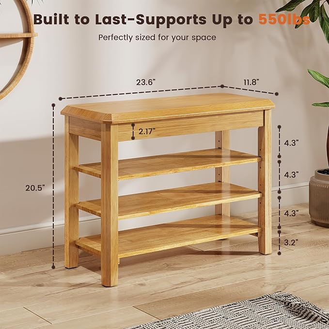 Shoe Rack Bench Seat Rubberwood 3-Tier Wooden Storage Bench 550lbs Compact Mid-Century Modern Design for Entryway, Hallway, Closet, Front Door Entrance, Foyer
