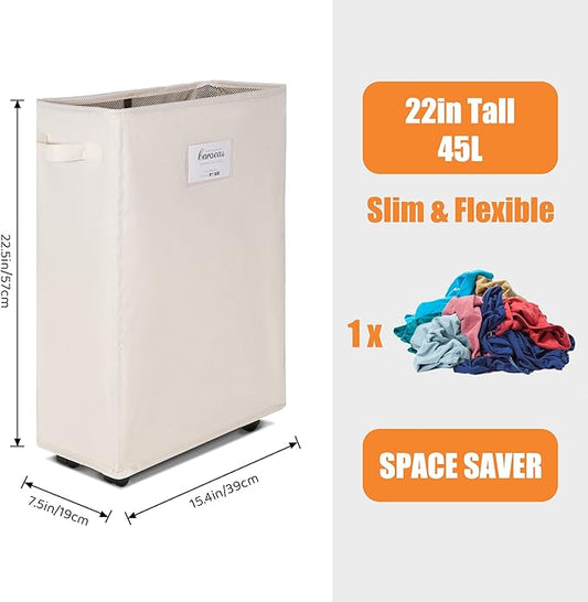 Caroeas Laundry Basket on Wheels, Slim Laundry Hamper Collapsible with Note Cards Waterproof Corner Hamper with Lid Breathable Mesh Cover (Slim 22 inch,Beige)-NeatNest