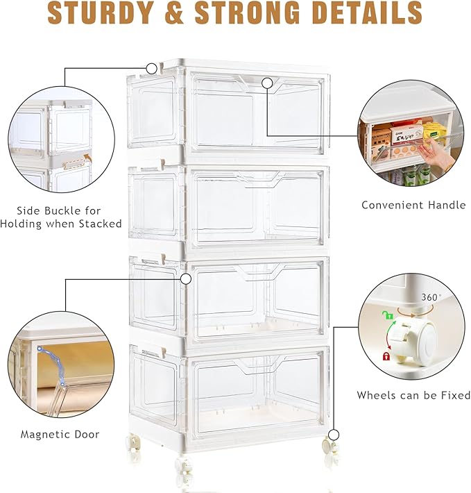 Collapsible Plastic Storage Bins with WheelsClear Stackable Storage Bins with Lid Stackable Storage Bins with Open Door Folding Storage Bins Organizer for Closet Bedroom Living Room-NeatNest