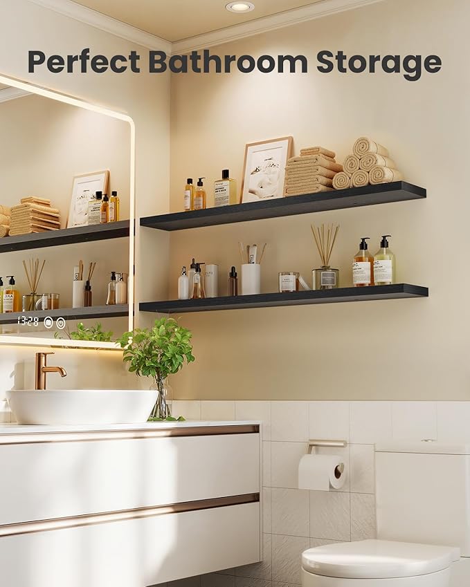 AMADA HOMEFURNISHING Floating Shelves, Wall Shelves for Living Room, Bedroom, Bathroom, Kitchen & Home Office Organization, Bathroom Shelves with Hidden Brackets, 22 lbs Max Load, Black, AMFS45B-NeatNest