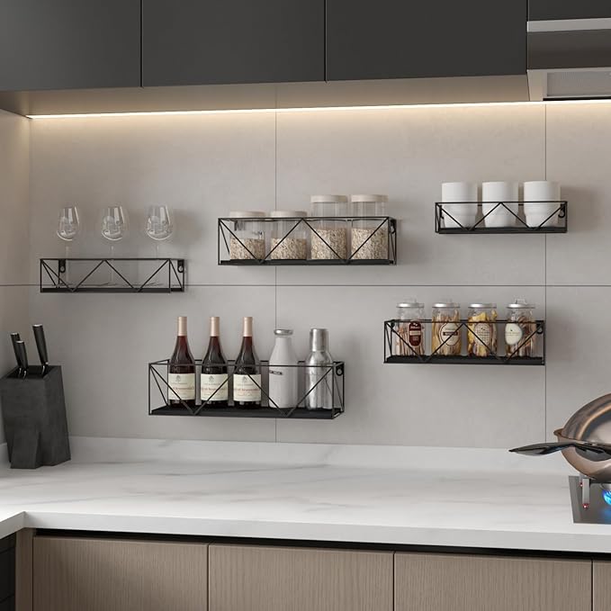 CRUGLA Black Floating Shelves Wall Mounted Set of 5, Hanging Storage Wall Shelf for Bathroom, Bedroom, Living Room, Kitchen-NeatNest