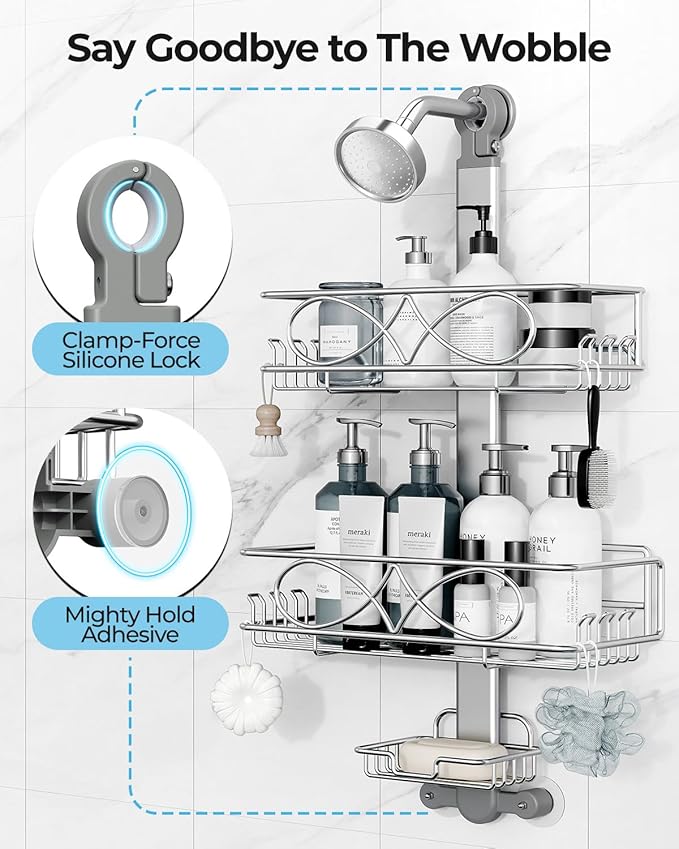 ODesign 2 Tier Stainless Steel Anodized Aluminum,Height-Adjustable Rustproof Shower Caddy Hanging Anti-Swing-Over The Shower Head Caddy-Bathroom Showe r Storage Organizer With Soap Box Holder- Sliver