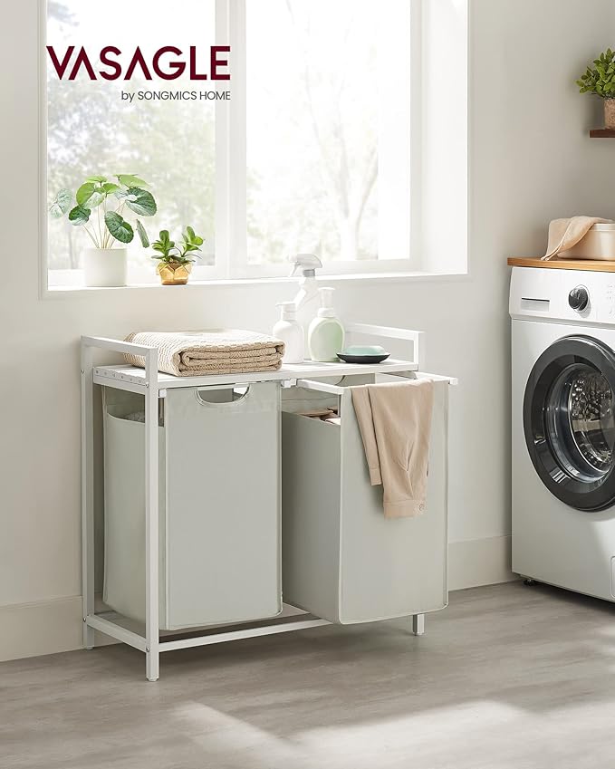 VASAGLE Laundry Hamper, Laundry Basket, Laundry Sorter with 2 Pull-Out and Removable Bags, Shelf, Metal Frame, 2 x 12.1 Gallons (46 L), 28.8 x 13 x 28.4 Inches, Cream White and Cloud White UBLH201W01-NeatNest