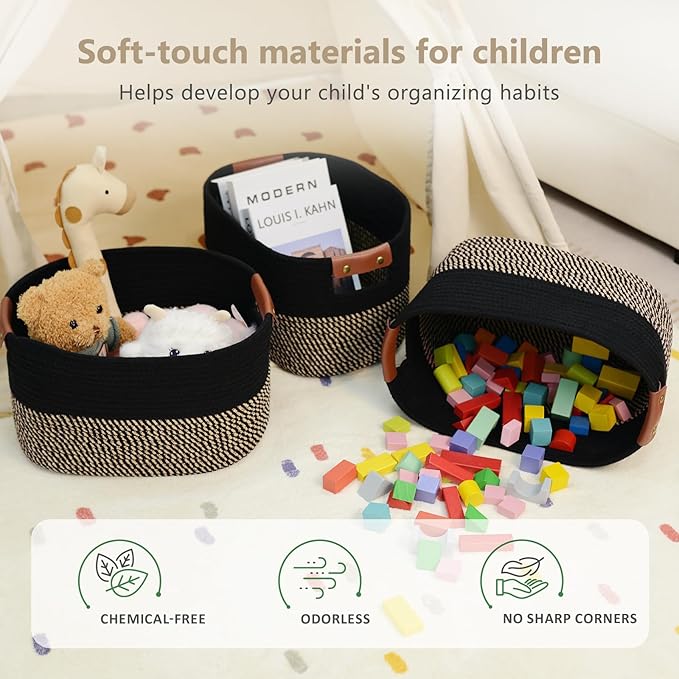 Cotton Rope Basket , Storage Baskets with Handle, 15x10x9 Inch Woven Basket for Shelves, Laundry, Towels, Clothes, Books, Toys (Black Brown 2 Pack)-NeatNest