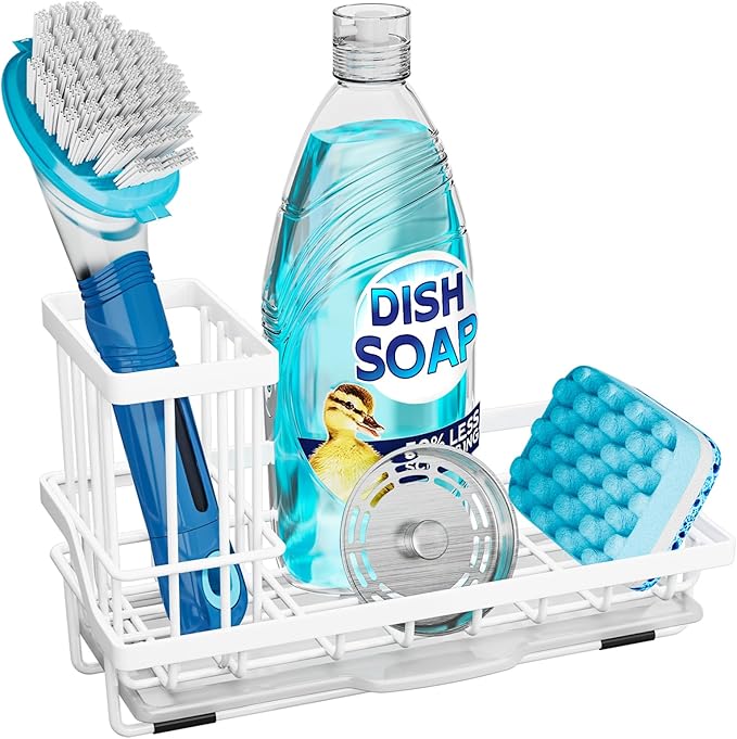 Consumest Sponge Holder for Kitchen Sink - Sink Caddy Organizer with Removable Drip Tray for Countertop Dish Soap Dispenser Brush Storage Kitchen Accessories 304 Stainless Steel, White-NeatNest