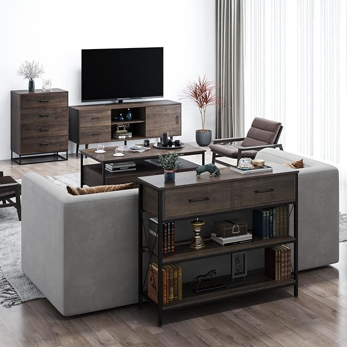 HITHOS Industrial Console Table with Drawers, Vintage Hallway Foyer Table with Storage Shelves, Narrow Long Sofa Entryway Table for Living Room, Dark Brown-NeatNest