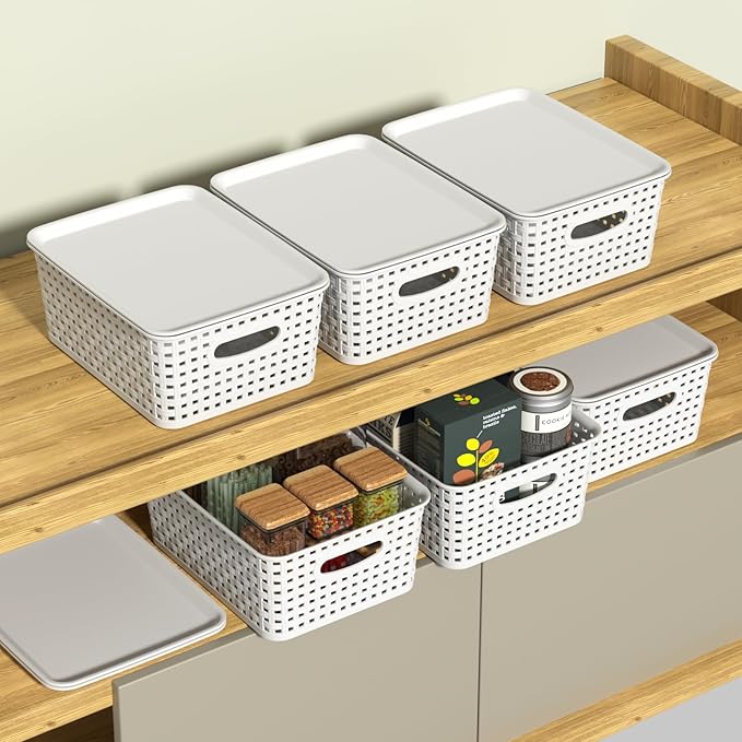 6 Pack Plastic Storage Baskets with Lids, Stackable Decorative Box Bin, Small Weave Storage Containers, White