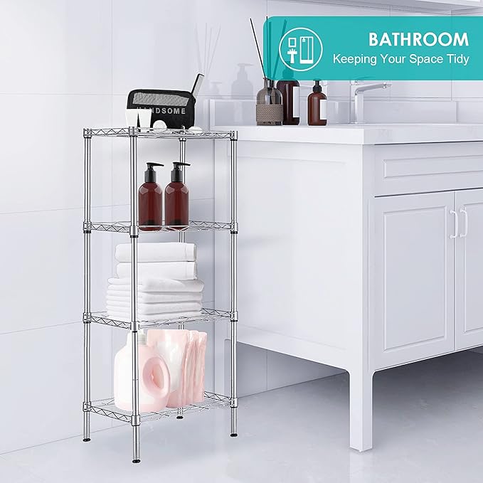 4 Tier Wire Shelving Unit, Height Adjustable Wire Shelves with 264 LBS Capacity, Metal Storage Rack Organizer for Laundry, Kitchen, Bathroom, Pantry, Closet (9.8"D x 13.7"W x 31.5"H, Silver)