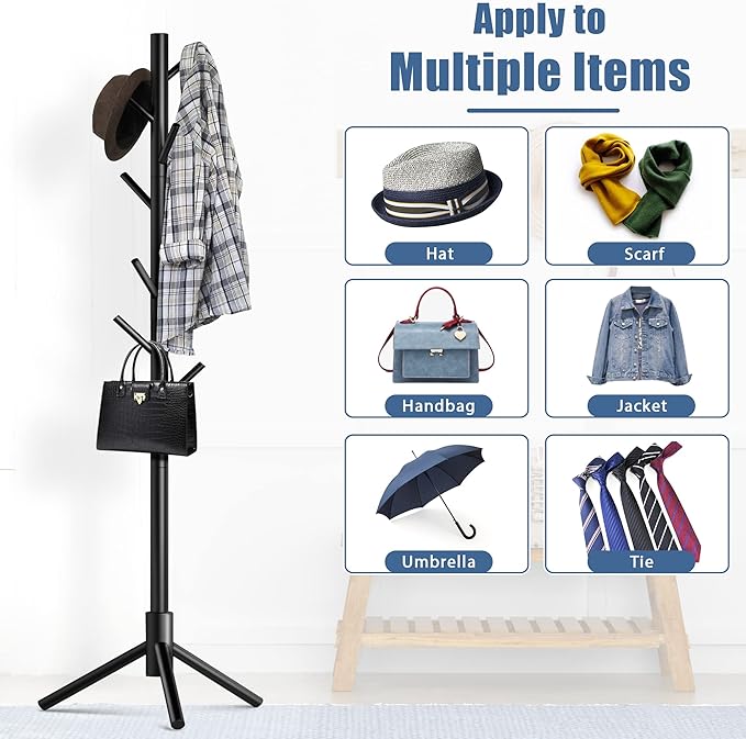 Haddockway Wooden Coat Rack Stand with 8 Hooks New Zealand Pine 3 Adjustable Coat Standing Tree Easy Assembly for Coats, Hats, Scarves and Handbags for Entryway, Hallway, Bedroom, Office-NeatNest