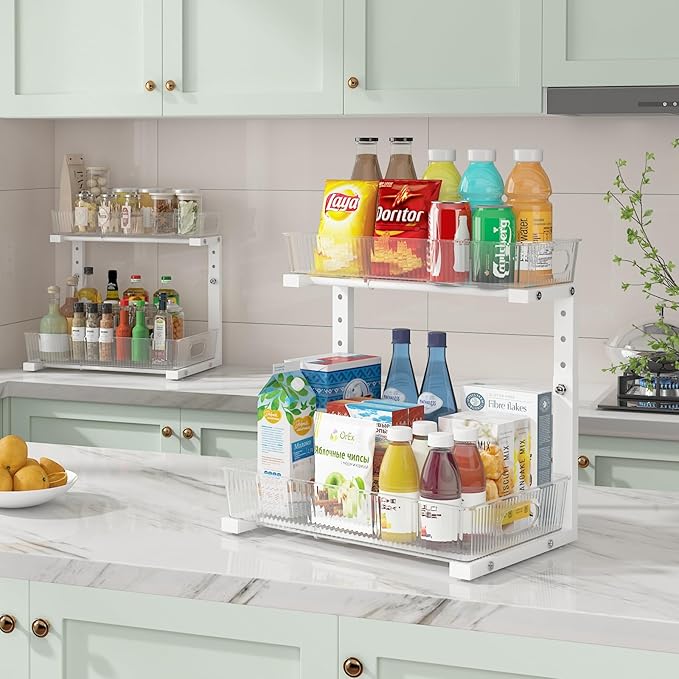 ADRIMER Under Sink Organizer 2 Packs, Pull Out Kitchen Sink Organizer, 2 Tier Slide Out Kitchen Organizers and Storage Bathroom Under Cabinet Storage Shelf, Transparent & White-NeatNest
