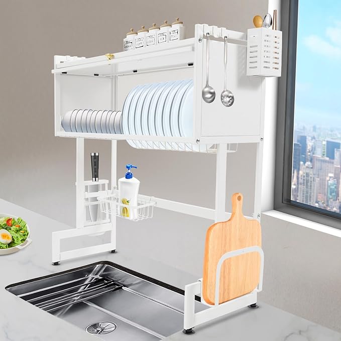 Over The Sink Dish Drying Rack, Dish Drainer Rack with Flip-up Door Kitchen Storage Organization for Dishes Bowls Cutlery 29.53inch