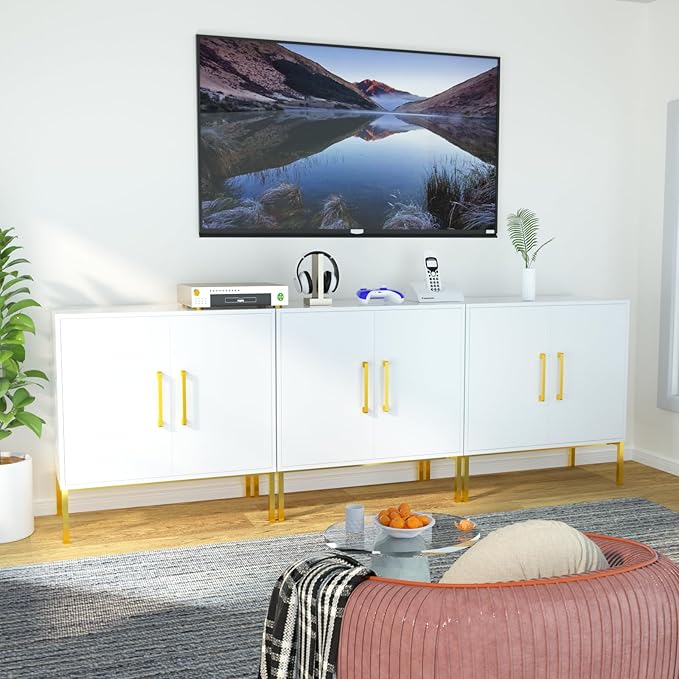 JOZZBY Buffet Sideboard Cabinet with Storage, Modern Wooden Cabinet with Adjustable Shelves, White and Gold Cabinets for Living Room, Kitchen, Hallway, Set of 3